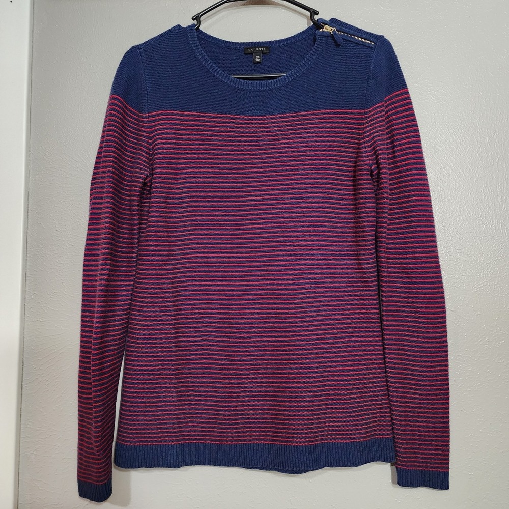 Talbots Sweater Womens XS Blue Red Striped Cotton Blend Pullover Ribbed Cuffs
